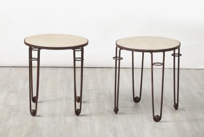 Pair of French Art Deco Iron and Travertine Circular Side Tables circa 1940