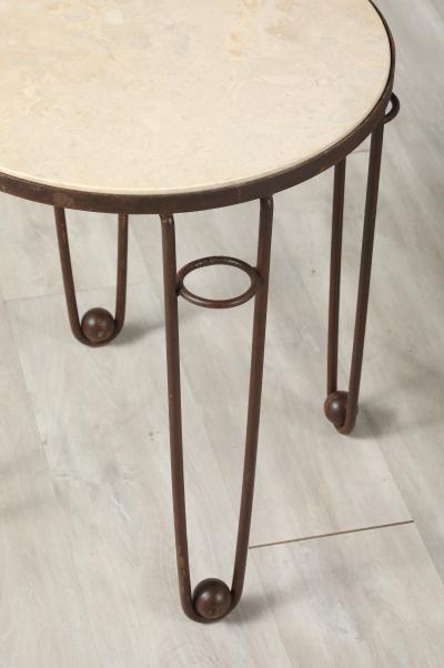 Pair of French Art Deco Iron and Travertine Circular Side Tables circa 1940