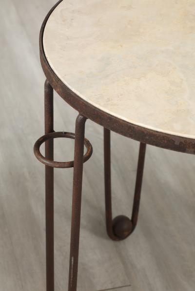 Pair of French Art Deco Iron and Travertine Circular Side Tables circa 1940