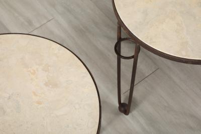 Pair of French Art Deco Iron and Travertine Circular Side Tables circa 1940