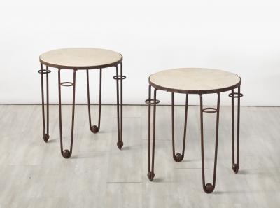 Pair of French Art Deco Iron and Travertine Circular Side Tables circa 1940