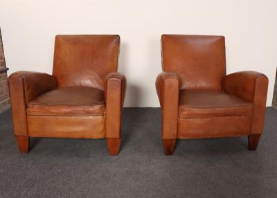 Pair of French Art Deco Leather Angled Back Club Chairs with Nailhead Decoration