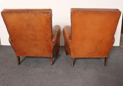 Pair of French Art Deco Leather Angled Back Club Chairs with Nailhead Decoration