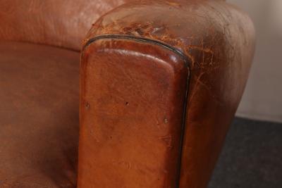 Pair of French Art Deco Leather Angled Back Club Chairs with Nailhead Decoration