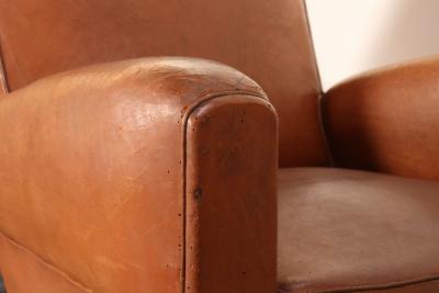 Pair of French Art Deco Leather Angled Back Club Chairs with Nailhead Decoration