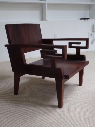 Pair of French Art Deco Modern Neoclassical Teak Lounge Chairs
