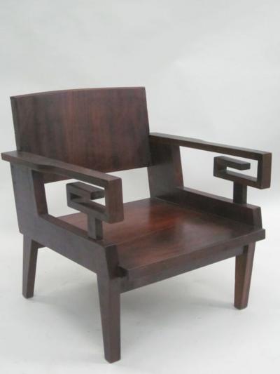 Pair of French Art Deco Modern Neoclassical Teak Lounge Chairs