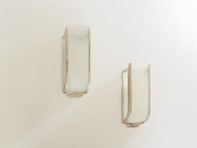 Pair of French Art Deco Modernist nickel steel opaline wall lights 1930
