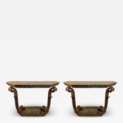 Pair of French Art Deco Wrought Iron Marble Consoles