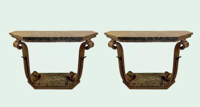 Pair of French Art Deco Wrought Iron Marble Consoles