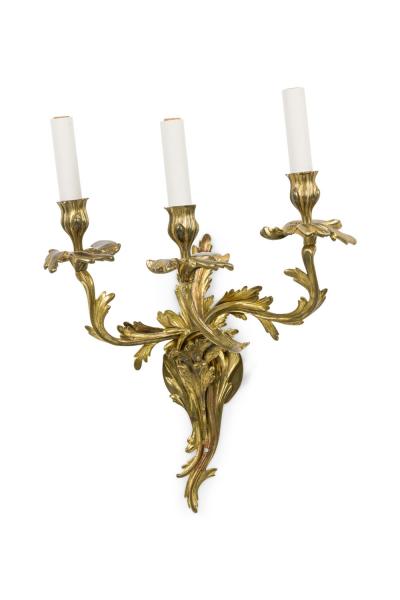 Pair of French Art Nouveau 3 Armed Brass Wall Sconces