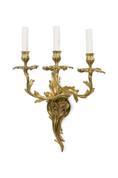 Pair of French Art Nouveau 3 Armed Brass Wall Sconces