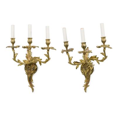 Pair of French Art Nouveau 3 Armed Brass Wall Sconces