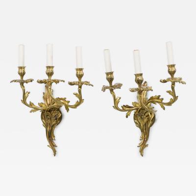 Pair of French Art Nouveau 3 Armed Brass Wall Sconces