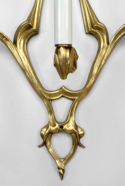 Pair of French Art Nouveau Bronze Dore 3 Arm Wall Sconces