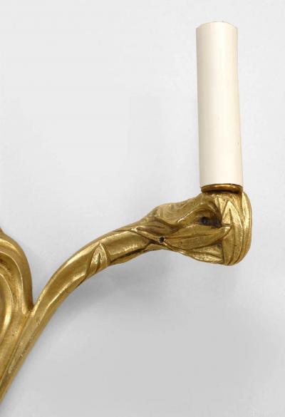 Pair of French Art Nouveau Bronze Dore 3 Arm Wall Sconces