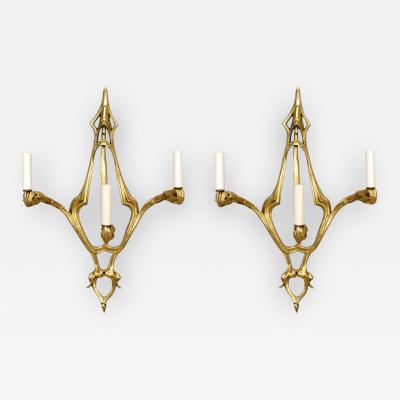 Pair of French Art Nouveau Bronze Dore 3 Arm Wall Sconces