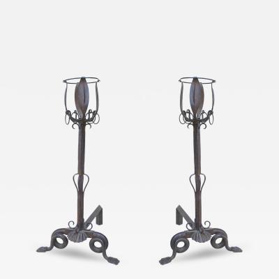 Pair of French Art Nouveau Iron Andirons
