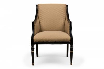 Pair of French Beige Upholstered and Black Wooden Framed Bergere Armchairs