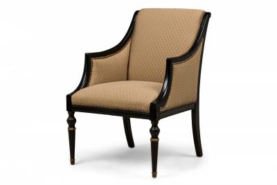 Pair of French Beige Upholstered and Black Wooden Framed Bergere Armchairs