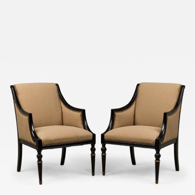 Pair of French Beige Upholstered and Black Wooden Framed Bergere Armchairs