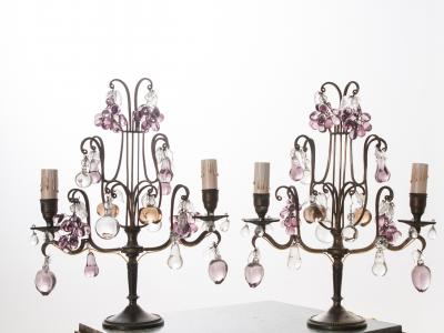 Pair of French Brass and Crystal 2 Light Candelabra Girandoles