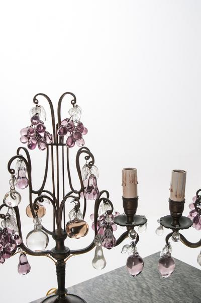 Pair of French Brass and Crystal 2 Light Candelabra Girandoles