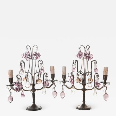 Pair of French Brass and Crystal 2 Light Candelabra Girandoles