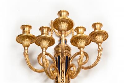 Pair of French Bronze Blue Painted Five Light Antique Wall Sconces