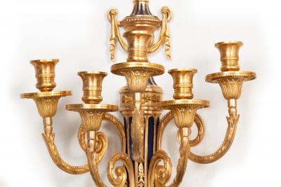 Pair of French Bronze Blue Painted Five Light Antique Wall Sconces