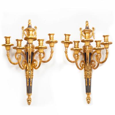 Pair of French Bronze Blue Painted Five Light Antique Wall Sconces