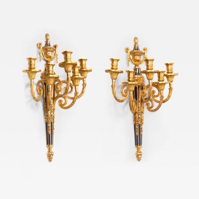 Pair of French Bronze Blue Painted Five Light Antique Wall Sconces