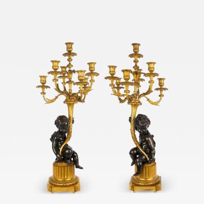 Pair of French Bronze Seven Light Candelabra Lamps ca 1880
