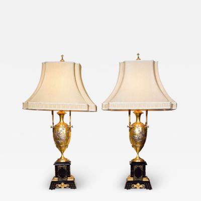 Pair of French Bronze Table Lamps Ebony Base Art Nouveau Style With Linen Shades