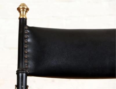 Pair of French Campaign Style Leather Folding Chairs with Faux Bamboo Frames