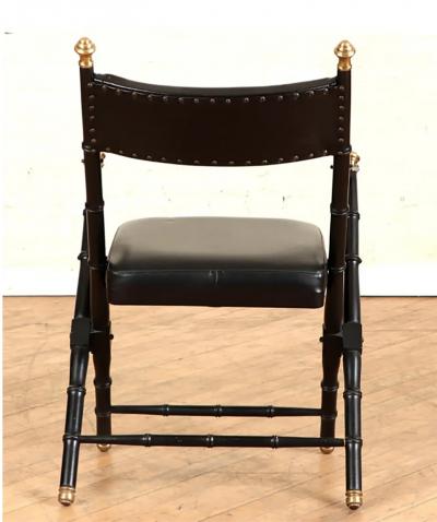 Pair of French Campaign Style Leather Folding Chairs with Faux Bamboo Frames