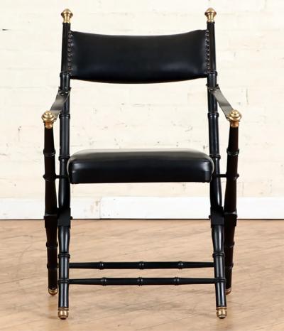 Pair of French Campaign Style Leather Folding Chairs with Faux Bamboo Frames