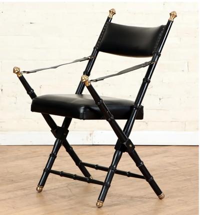 Pair of French Campaign Style Leather Folding Chairs with Faux Bamboo Frames