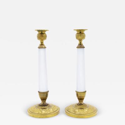 Pair of French Charles X White Opaline Candlesticks