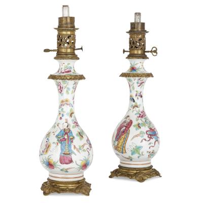 Pair of French Chinoiserie style gilt bronze mounted porcelain oil lamps