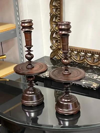 Pair of French Colonial Carved Teak Wood Table Lamp Bases or Candelabras c 1930