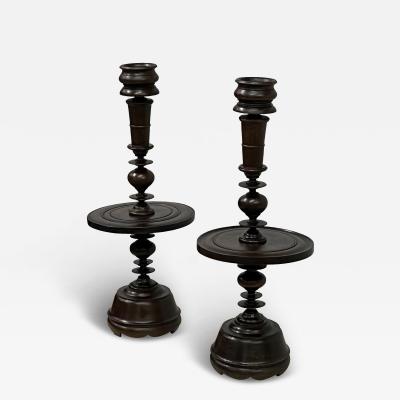 Pair of French Colonial Carved Teak Wood Table Lamp Bases or Candelabras c 1930