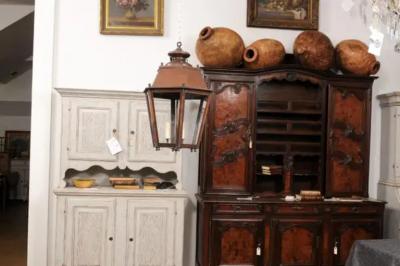 Pair of French Copper Three Light Hexagonal Lanterns with Glass Panels US Wired