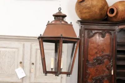 Pair of French Copper Three Light Hexagonal Lanterns with Glass Panels US Wired