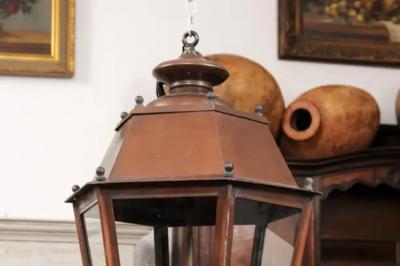 Pair of French Copper Three Light Hexagonal Lanterns with Glass Panels US Wired