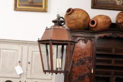 Pair of French Copper Three Light Hexagonal Lanterns with Glass Panels US Wired