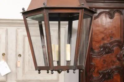 Pair of French Copper Three Light Hexagonal Lanterns with Glass Panels US Wired
