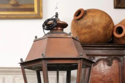 Pair of French Copper Three Light Hexagonal Lanterns with Glass Panels US Wired