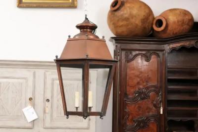 Pair of French Copper Three Light Hexagonal Lanterns with Glass Panels US Wired