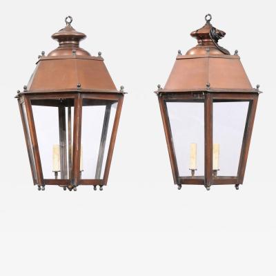 Pair of French Copper Three Light Hexagonal Lanterns with Glass Panels US Wired